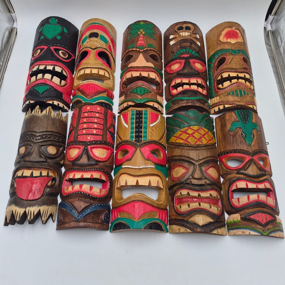 Zeckos Set of 10 Hand Carved Wood Tiki Masks 12 Inch Tropical Wall Decor DW20001
